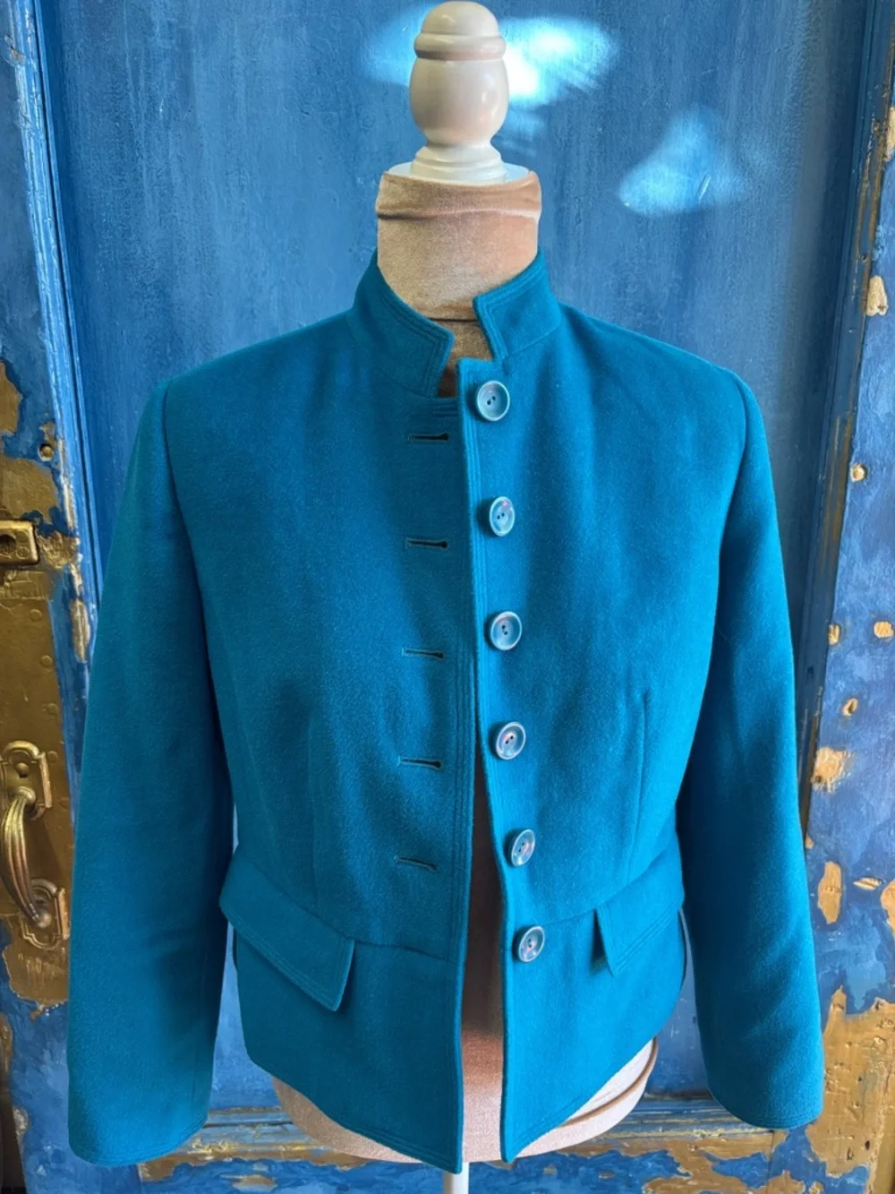 Blue Mandarin Collar Wool Blend Jacket